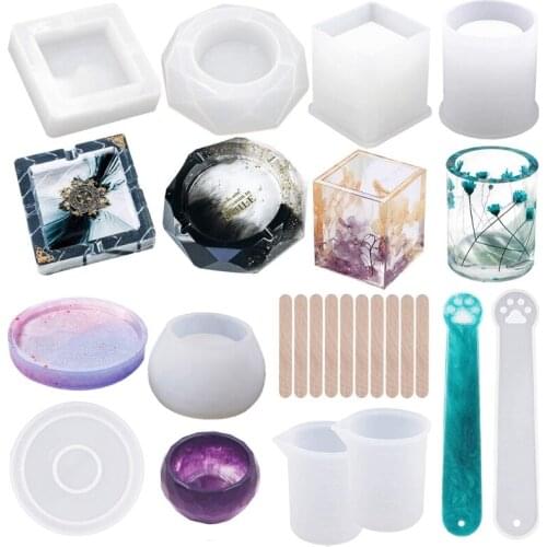 19Pcs Resin Silicone Casting Mold Round Cylinder Cube Pen Holder Ashtray Cup Candle Soap Mould for DIY Craft Home Decor