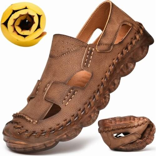 Summer Cow Leather Mens Shoes Sandals Handmade Classic Men Walking Beach Casual Shoes Outdoor Soft Mens Loafers Size 38-46