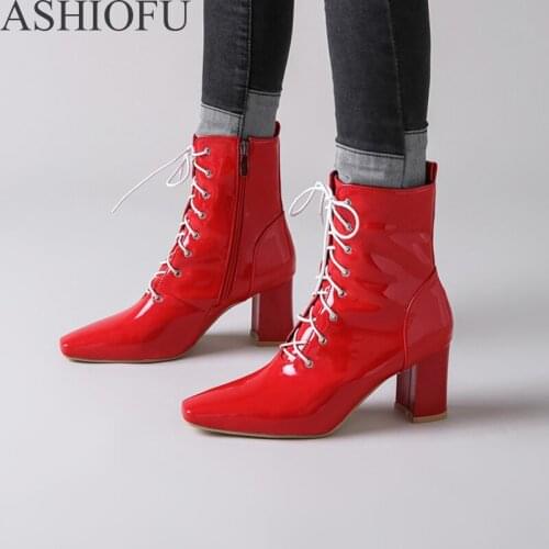 ASHIOFU Handmade Ladies Chunky Heel Boots Cross-shoelace Party Martin Boots Wedding Prom Fashion Ankle Boots Shoes
