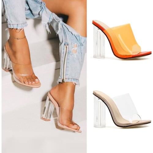 2021 New Fashion PVC Jelly Sandals Crystal Open Toed Sexy Thin Heels Women Transparent Slippers Pumps Outside 35- 42