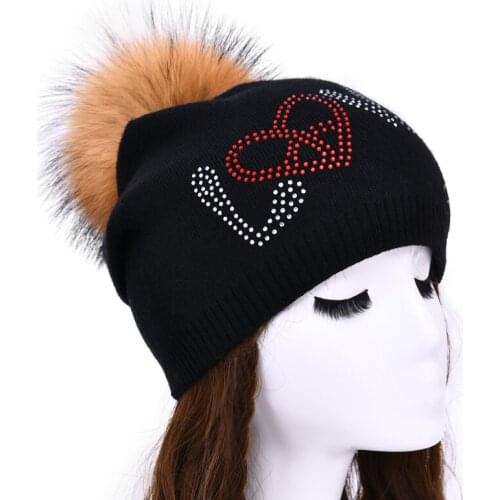 MAOMAOFUR Women Winter Hats with Rhinestone Real Raccoon Fur Pom Pom Warm Wool Knitted Hat Female Winter Wool Beanie Hats