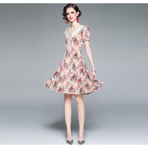 2021 New Women Dress Vintage Office Lady A-LINE Printing Women Dresses Mid-Calf V-Neck Elegant Party Night Women Summer Dresses