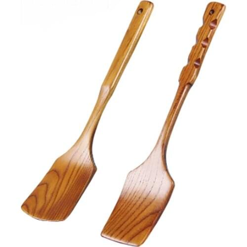 2Pcs Natural Wooden Turner Long-Handled Wood Shovel Spatula Spoon Rice Scoop Kitchen Utensil Cooking Tool for Pans Steak