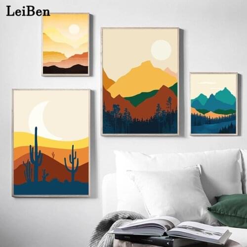 Abstract Mountain Sun Moon Rock Climbing Illustration Poster and Print Wall Art Canvas Painting Pictures for Living Room Decor