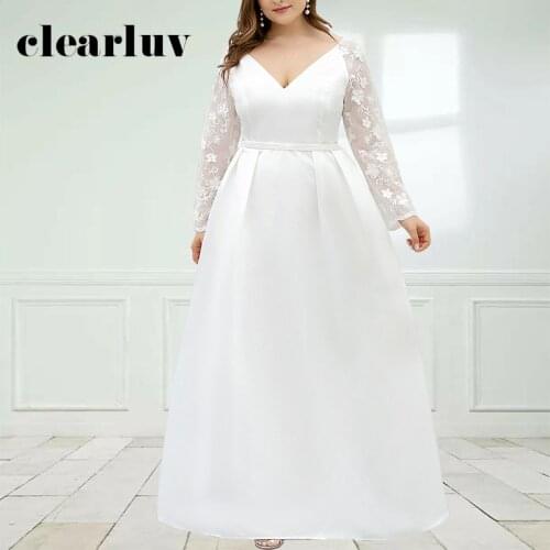 White A-Line Wedding Dresses DR1572 Deep V-Neck Formal Bridal Gowns Long Sleeve Vestidos De Novia Plus Size Lace Wedding Dress