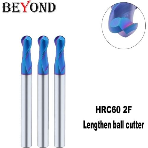 BEYOND HRC60 Blue Nanometer Tungsten Steel Extended Ball Cutting Carbide Ball End Mill 2Flutes Coated L75 L100 L150