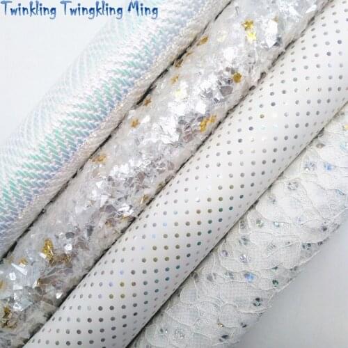 White Tissel Glitter with Gold Hearts, Gold Dots Embossed Synthetic Leather, Mesh Glitter For Bow 21x29CM Twinkling Ming KM438