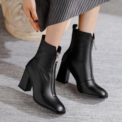 Zipper Female Ankle Boots Front Zipper Hot Sale Concise Designer Thick Heels Shoes Woman Heels 2021 Winter Working Boots Boots