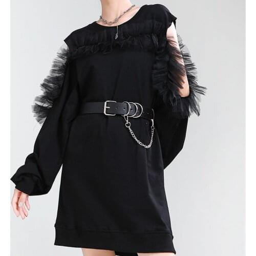 Black White Off The Shoulder Womens Sweatershirt Dress Mesh stitching Ankle-length Hoodies For Women