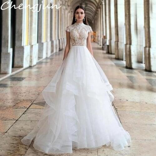 Chengjun Closed Back Cap Sleeves High Neck A Line Vintage Elegant Wedding Dress