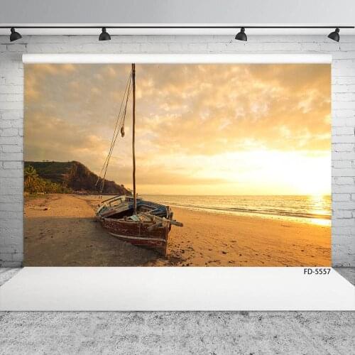 Photographic Background Sea Beach Wooden Boat Vinyl Cloth Backdrop Photo Studio for Children Baby Portrait Scenic Photoshoot