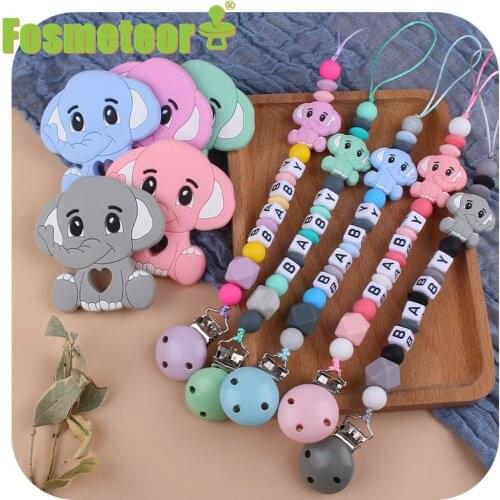 Fosmeteor Customized Name Infant Baby Pacifier Clips Chain Elephant Silicone Beads Teether Toy Dummy Holder Baby Pacifier Chain