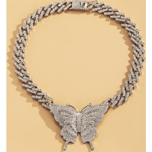Hip-hop Full Diamond Cuban Buckle Chain Necklace Punk Exaggerated Diamond Butterfly Necklace Female