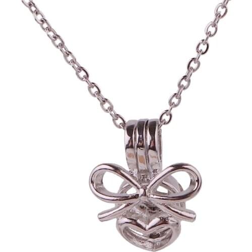 K1685 Dull Silver copper big Bow heart Bead Pearl Cage Aroma Essential Oil Diffuser Locket Necklace with stainless steel chain