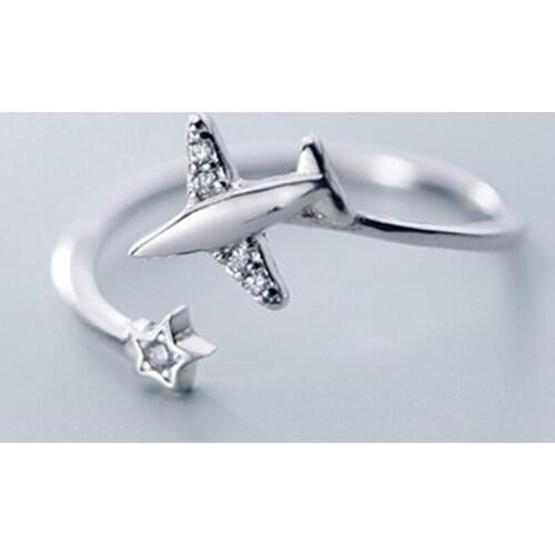 Chic Design 925 Sterling Silver Jewelry Fashion Cute Plane Ring With Zircon Star Aircraft Airplane Finger Ring Travel Jewelry Gi