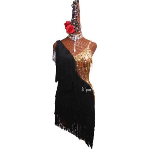 Latin dance competition clothing Latin dance skirt performance clothing performance clothing black tassel sequin Dance costumes