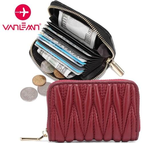 Credit Card Holder Wallet Women Luxury Genuine Leather Sheepskin Coin Purse Female Pleated Wallet Lady Travel Card Organizer Bag