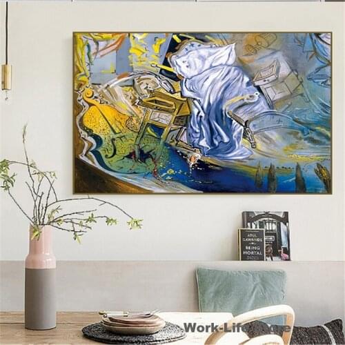 Surrealist Works Salvador Dali Bed and Two Bedside Tables Violently Attacking a Violoncello Painting Canvas Poster Print Cuadros