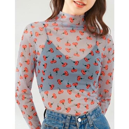 Summer Women Flower T-shirt Mesh Tops Long Sleeve Turtleneck Women Clothing 2021 Fashion T Shirt Korean Clothes