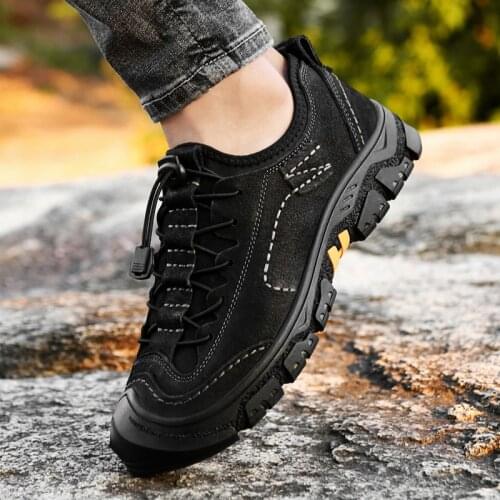 Mens shoes, leather casual shoes, outdoor hiking shoes, mens waterproof, non-slip casual shoes, soft-soled big toe shoes