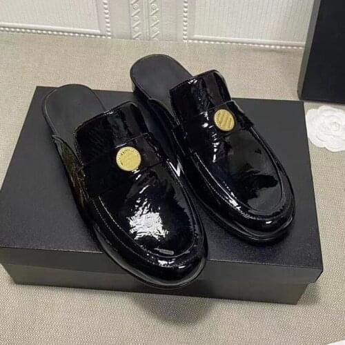 Patent Leather Mules Women Slippers Real Leathe Mental Colors Slides Square Heels Slip on Ladies Casual Shoes Luxury Brand Shoe