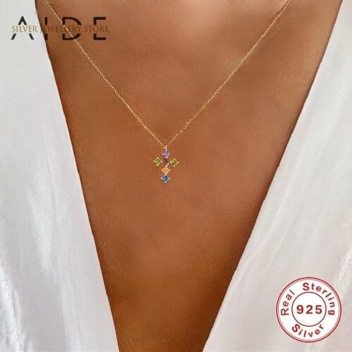 AIDE Colorful Zircon Cross Pendant Necklace For Women Personalized 925 Sterling Silver Jewelry Collares bijoux femme