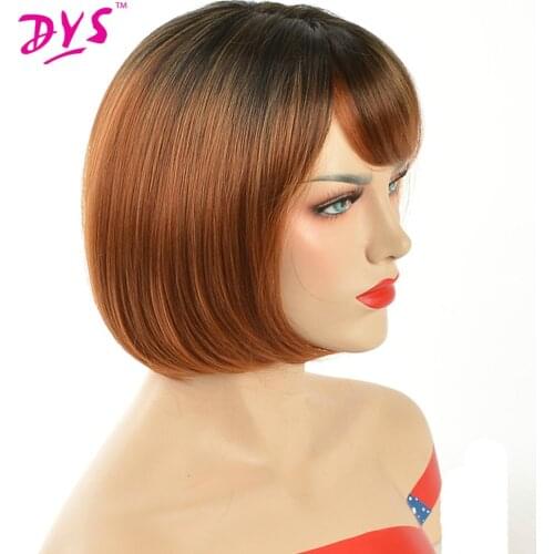 Deyngs Pixie Cut Ombre Red Bob Wigs For Black Women Short Straight Natural Synthetic Hair Wig With Bangs High Temperature Fiber