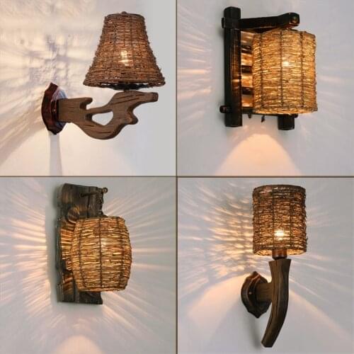 American Country Retro Wicker Wall Lamps Shop Southeast Asian Restaurant House Aisle Lantern Sconce Wall Lights Bamboo Fixtures