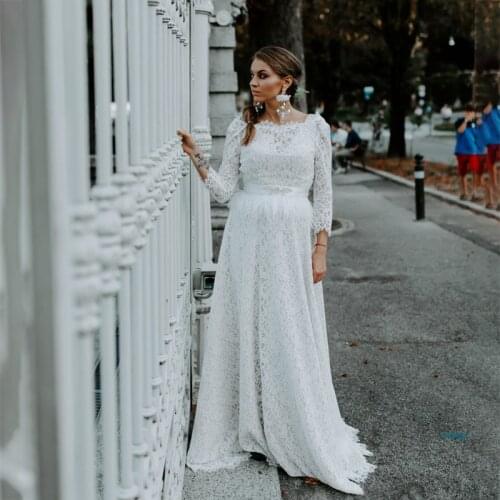 Glam Boho Beach Wedding Dress 2021 A-Line Scoop 3/4 Sleeve Lace Floor Length Bohemian Bride Gowns 2021