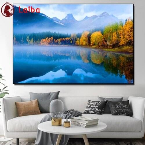 Full Diy diamond painting fog fall forest tree and lake picture rhinestones embroidery diamond mosaic 5d cross stitch new decor