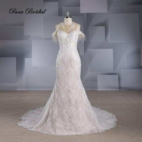 Rosabridal mermaid wedding dress Modern style O-neckline bridal gown Lace wedding dress