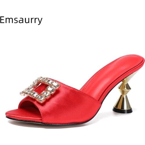 Luxury Satin Sandals Women New Summer 2021 Square Buckle With Rhinestone Open Toe Metal Strange Heel Outwear Mules For Woman