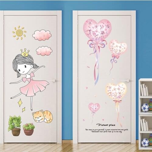 [shijuekongjian] Cartoon Girl Cat Wall Stickers DIY Balloons Quotes Wall Decals for Kids Rooms Baby Bedroom House Decoration