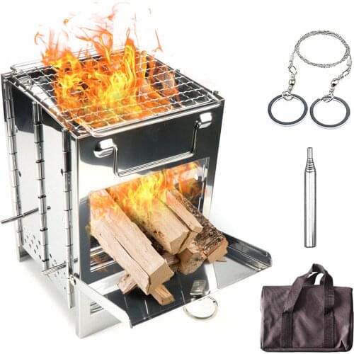 Folding Wood Burning Stove Blowpipe Wire Saw Kit Mini BBQ Grill with Carry Bag for Backpacking Hiking Camping Cooking