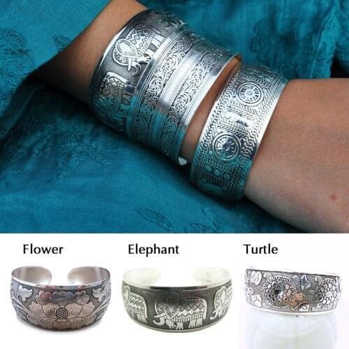 Vintage Ethnic Style Wide Bangles For Men Women Elephant Tortoise Flower Carved Cuff Bracelet Retro Ancient Silver Plated Bangle