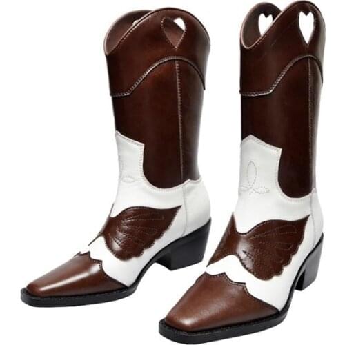 Mid-Calf Women Boots Patchwork Square Low Heel Shoes Mixed Color Slip On Casual Street Short Boots New Arrivals Fashion Shoes