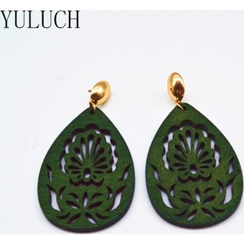 YULUCH 2017 New Design Earring Hollow Large Droplet Shape Flower Pattern Womans Earrings Africa Style Handmade Wood Earrings