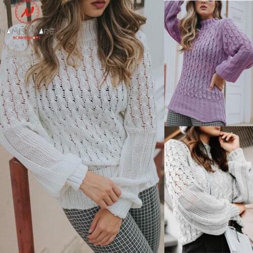 Women Solid Color Sweaters Hollow Out Design See Through Mock Neck Long Lantern Sleeve Spring Autumn Casual Loose Knitted Top
