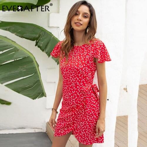 EVERAFTER Mini beach summer dress women O-neck short sleeve bow high waist slim split short dress holiday casual female dresses