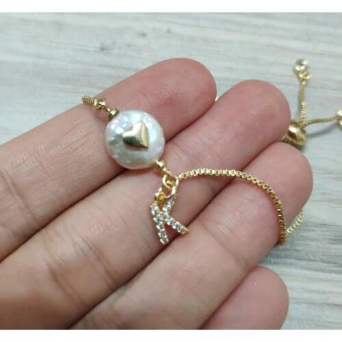 Gold tiny heart & white cz pave initial 26 alphabet letter name charm freshwater pearl bead dainty gold link bracelet for women