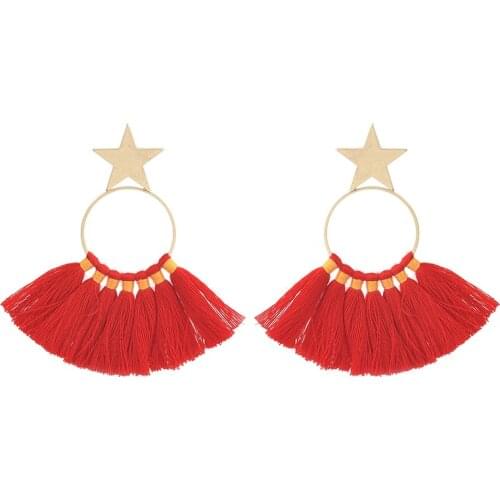 5 Colors Bohemian Tassels Dangle Earrings With Star Handmade Cotton Tassel Big Drop Earrings Ethnic Statement Jewelry For Women