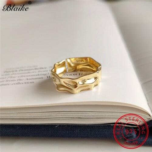 925 Sterling Silver Geometric Rings For Women Men Irregular Open Ring Vintage Female Male Wedding Bands Yellow Gold Ring Jewelry