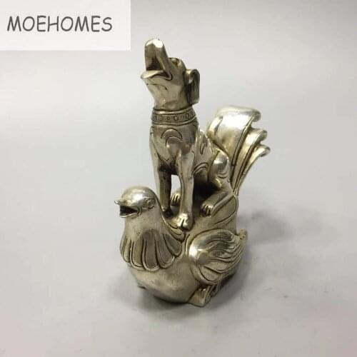 Raro miao plata fengshui carrera éxito riqueza pollo y perro estatua hogar escritorio decoración artesanías de metal