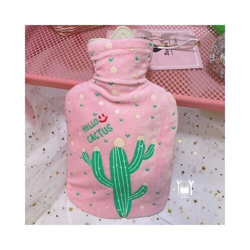Free shipping pink cactus pattern hot water bag cute cartoon printed plush water filling portable mini hot water bag 500ml
