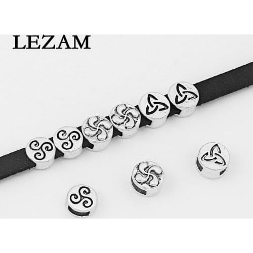 10pcs Antique Triangle Trinity Knot Pattern Charms Slider Beads Spacer For 5*2mm Flat Leather Cord Jewelry Accessories