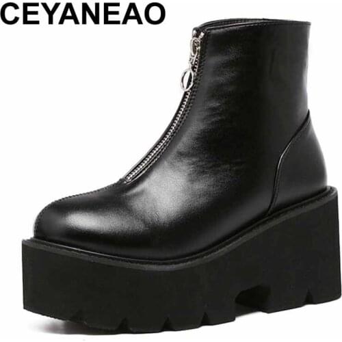 CEYANEAO 2019Sexy Women Platform High Heel Boots Motorcycle Zipper Ankle Thick Heels Boots Punk Warm Shoes Women FootwearsE1383
