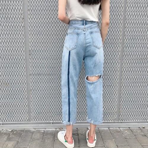 Women Ankle Length Jeans 2021 Streetwear Sexy Back Holes High Waist Harem Pants Vintage Casual Baggy Straight Denim Trouser