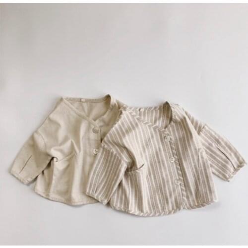 Children Cardigan 2021 Spring and Autumn New Simple Korean Loose Long Sleeve Coat Girls and Boys Cotton Hemp Stripe Cardigan