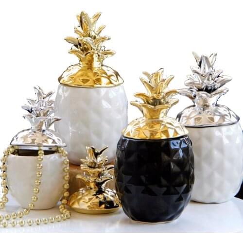 Ceramic Pineapple Figurines Black & White Pineapple Jar Home Decoration Jewelry Box Crafts Earrings Rings Storage Box 05480