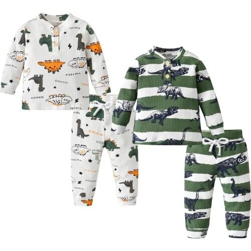 Baby Boy Clothing Set New Knitted Ribbed Two Piece Set Dinosaur Print Clothes For Little Boys Infant Toddler Fall Outfit Set